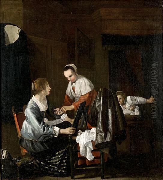 An Elegant Interior With A Cloth Seller Oil Painting by Cornelis Bisschop