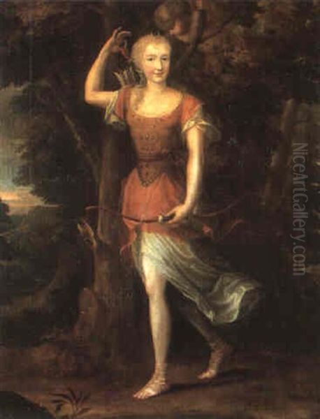 Portrait Of Diane Denise De Boillon (?) As Diana With Cupid Oil Painting by Jean Nocret