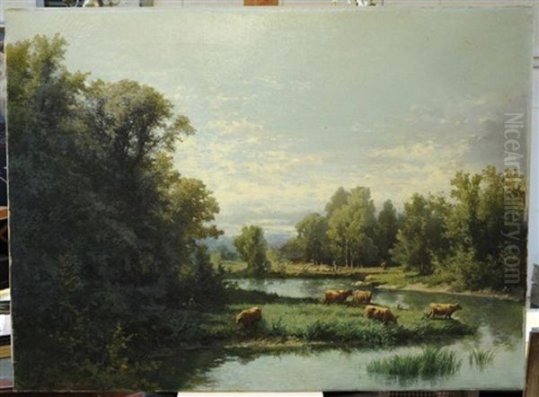 Paysage Avec Riviere Et Troupeau Oil Painting by Charles-Joseph Node