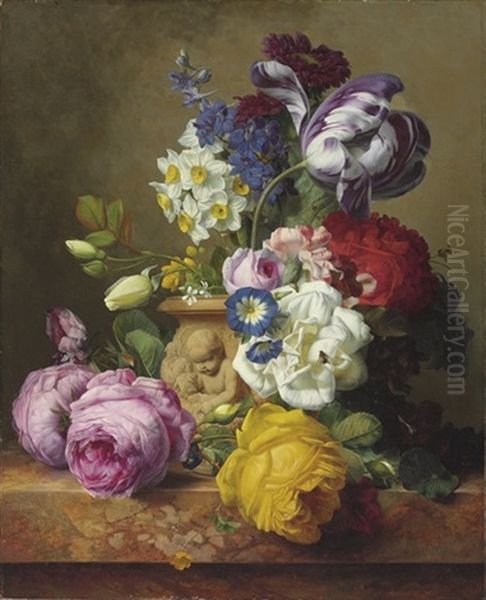 Roses, Tulips, Morning Glory, Delphinium And Primrose In A Terracotta Vase Oil Painting by Charles-Joseph Node