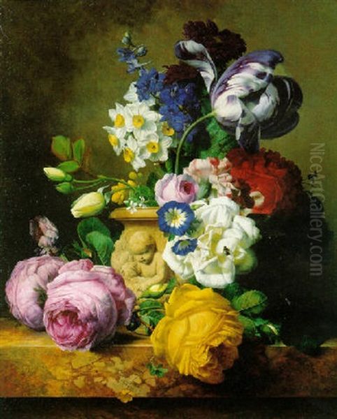 Roses, Tulips, Morning Glory, Delphinium And Primrose Peerless In A Terra Cotta Vase On A Marble Ledge Oil Painting by Charles-Joseph Node