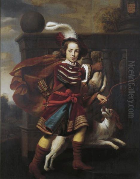 Portrait Of A Young Boy As A Hunter With His King Charles Spaniel Oil Painting by Cornelis Bisschop