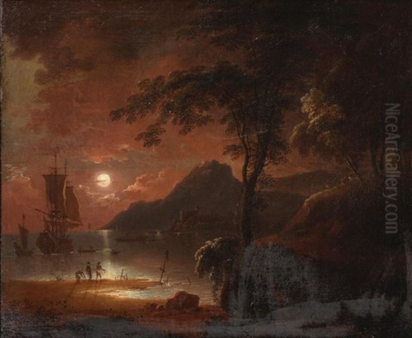 A Moonlit Harbour Scene Oil Painting by Alexandre Jean Noel