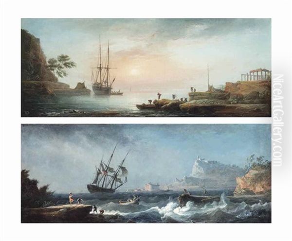 A Peaceful Anchorage In The Mediterranean At Dawn; And A French Merchantman And Other Shipping In Stormy Waters, A Fortified Town On The Shore Beyond Oil Painting by Alexandre Jean Noel