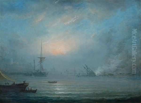 A Nocturnal Battle Scene At Sea Oil Painting by Alexandre Jean Noel