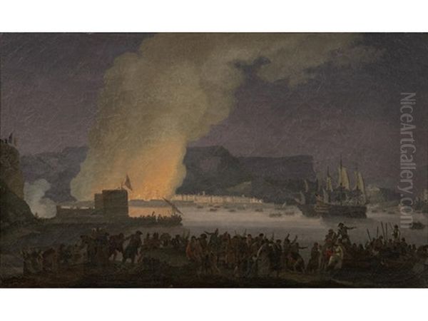 A Capriccio Of A Moonlit Mediterranean Harbour With Figures Watching A Town Fire Oil Painting by Alexandre Jean Noel