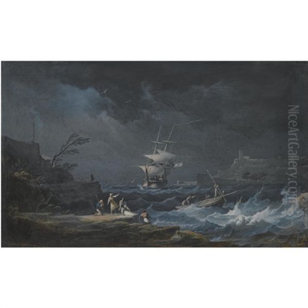 A Shipwreck At Nighttime Off A Rocky Mediterranean Coast Oil Painting by Alexandre Jean Noel