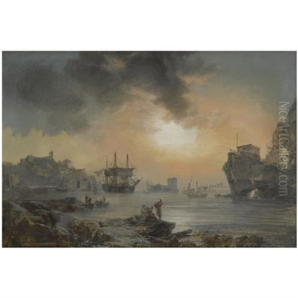 A Harbour Scene With Figures Cavorting In The Foreground And Ships Docking Beyond Oil Painting by Alexandre Jean Noel