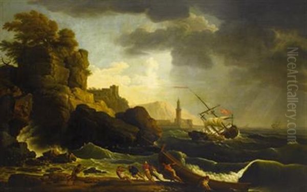 Mediterranean Harbor With Fishermen Pulling A Boat To Shore Oil Painting by Alexandre Jean Noel