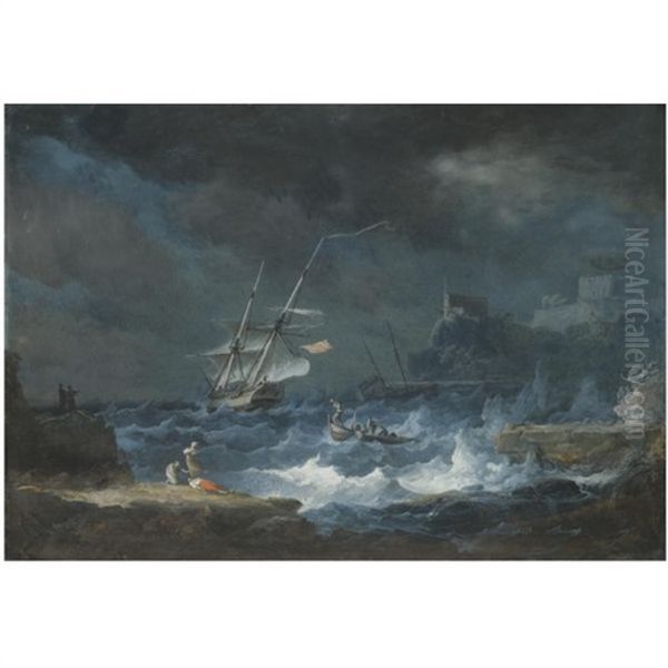 A Coastal Scene With Ships Weathering A Storm Oil Painting by Alexandre Jean Noel