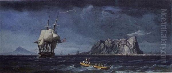 Shipping Off The Coast Of Gibraltar Oil Painting by Alexandre Jean Noel