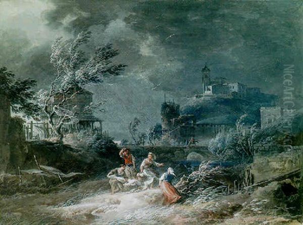 Washerwomen Surprised By A Storm Outside The Walls Of A City Dominated By A Castle Oil Painting by Alexandre Jean Noel