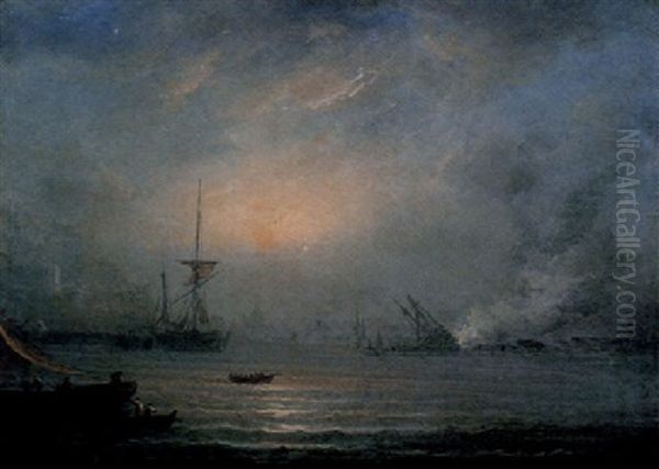 Ships Lying Off The Coast At Sunset Oil Painting by Alexandre Jean Noel