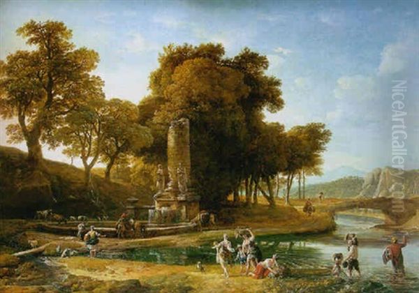 Grand Paysage A La Fontaine Et Aux Lavandieres Pres Reviere Oil Painting by Alexandre Jean Noel