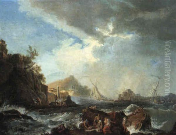 Ships Foundering Off A Rocky Coast Oil Painting by Alexandre Jean Noel