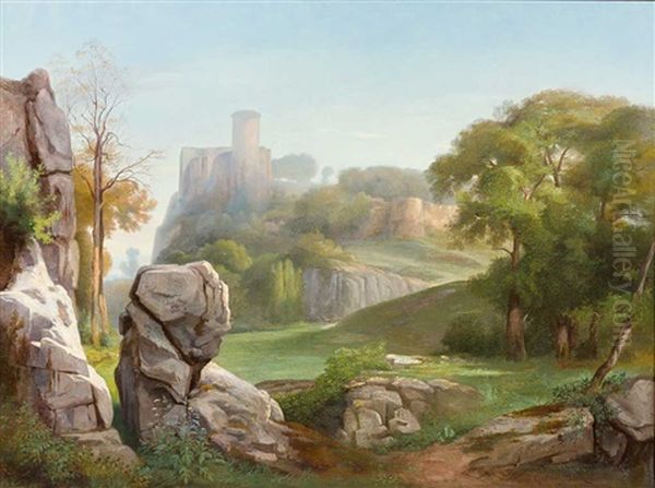 Romantische Flusslandschaft Mit Malerischer Burgbefestigung Oil Painting by Gustave Joseph Noel