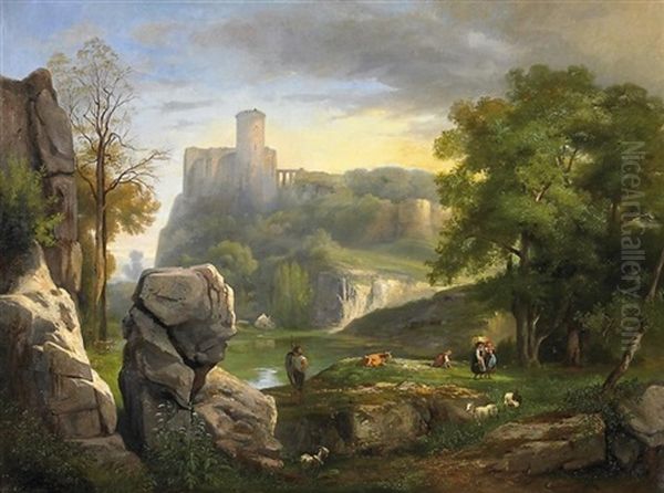 Hirte Und Bauernmadchen In Felsiger Landschaft. Im Hintergrund Eine Burganlage Oil Painting by Gustave Joseph Noel