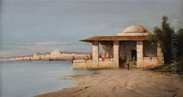 Oriental Harbor Scene Oil Painting by Jules Achille Noel