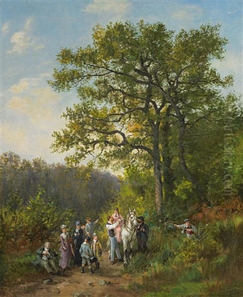 Sonntaglicher Ausflug In Bewaldeter Landschaft Oil Painting by Jules Achille Noel