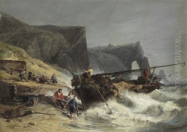 Fishermen Bringing In A Boat Oil Painting by Jules Achille Noel