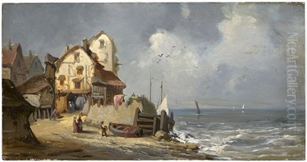 Normannisches Dorf An Der Kuste; Segelschiff Am Strand Vor Einem Dorf Oil Painting by Jules Achille Noel