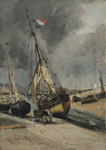 Harbor At Low Tide, Treport Oil Painting by Jules Achille Noel