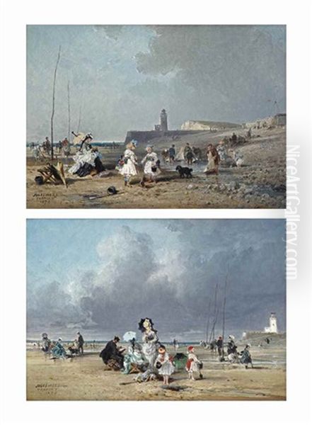 Children Playing On The Beach, Treport; And Families Enjoying A Day At The Beach, Treport (pair) Oil Painting by Jules Achille Noel