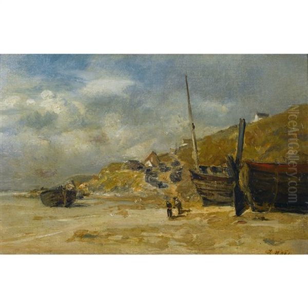 Strandpartie Mit Fischerbooten Oil Painting by Jules Achille Noel