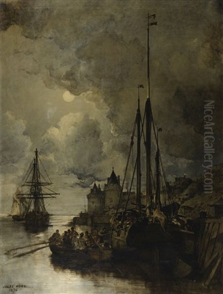 Ville En Bord De Mer Au Clair De Lune Oil Painting by Jules Achille Noel