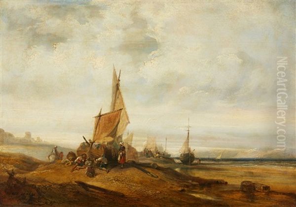 A Coastal Landscape With Sailing Boats And Fi Oil Painting by Jules Achille Noel