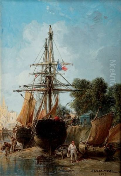 Bateaux A Quai Oil Painting by Jules Achille Noel