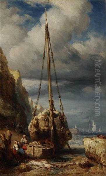 Segelschiff Am Strand Mit Abgeladenen Waren by Jules Achille Noel