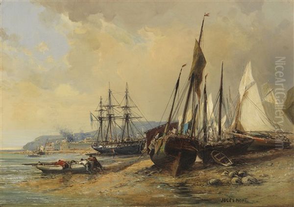 Segelschiffe Und Fischerboote Am Bretonischen Strand (brest?) Oil Painting by Jules Achille Noel