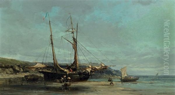 Debarquement D'un Voilier Sur Une Plage Oil Painting by Jules Achille Noel