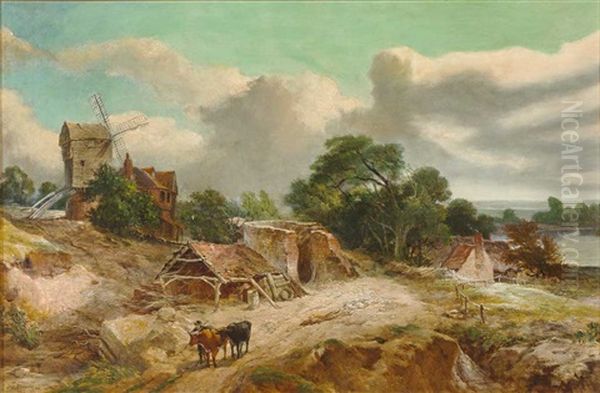 Bretonische Kustenlandschaft Mit Alten Hausern, Ruine Und Windmuhle. Figurenstaffage Mit Kuhen Oil Painting by Jules Achille Noel