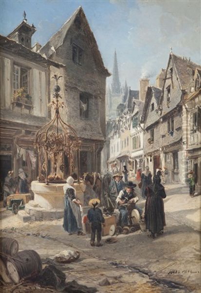 Place De Ville Animee (quimper ?) Oil Painting by Jules Achille Noel