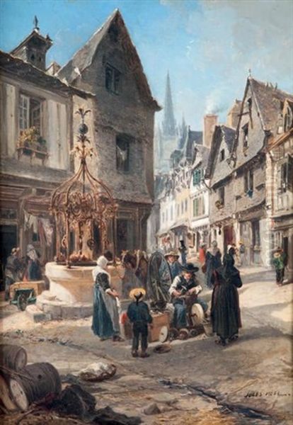 Place De Ville Animee (quimper?) Oil Painting by Jules Achille Noel