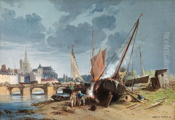 Ship Yard Near A Breton Town Oil Painting by Jules Achille Noel