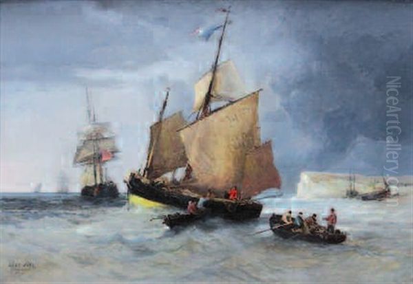 Barques De Peche Devant Les Falaises Du Treport Oil Painting by Jules Achille Noel