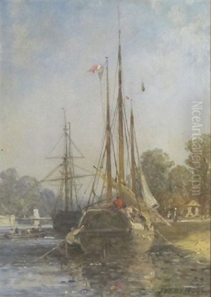 Bateaux A Quai Oil Painting by Jules Achille Noel