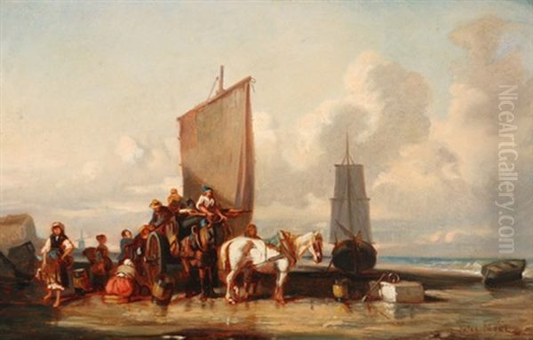 Fisher Folk On The Coast With Boats And Horse-drawn Wagon Oil Painting by Jules Achille Noel