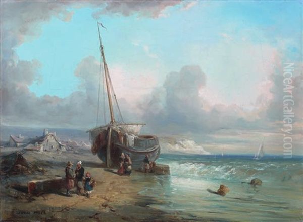 Bateaux Sur La Greve Pres D'un Village Oil Painting by Jules Achille Noel