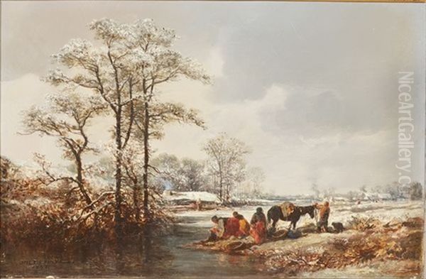 Lavandieres En Hiver Oil Painting by Jules Achille Noel