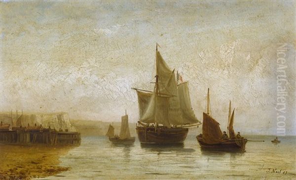 Franzosische Kustenpartie Mit Segelschiffen Oil Painting by Jules Achille Noel