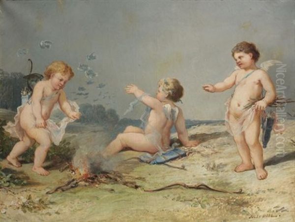 Amours Allumant Le Feu De La Passion Oil Painting by Jules Achille Noel