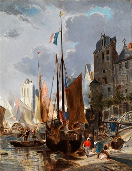 Fischerhafen In Einer Franzosischen Stadt Mit Giebelhausern Und Kirchturm Im Hintergrund Oil Painting by Jules Achille Noel