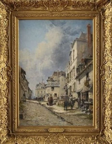 Rue Animee A Auray Oil Painting by Jules Achille Noel