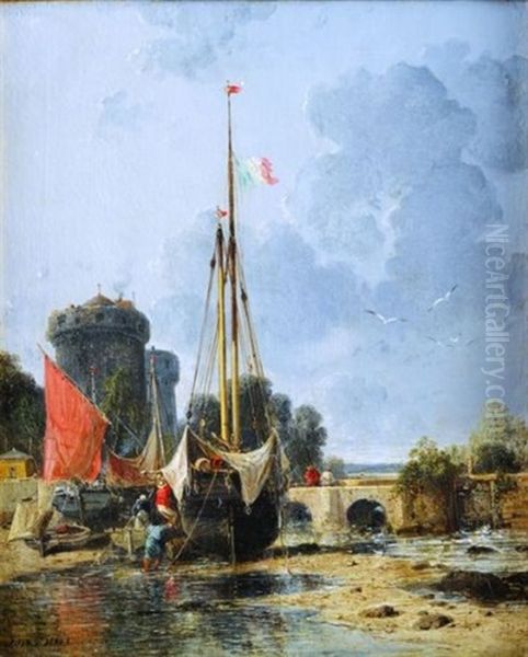 Voiliers Au Port Pres Des Tours Oil Painting by Jules Achille Noel