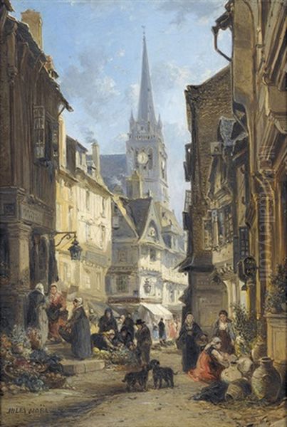 Bretonsiche Altstadtpartie Mit Belebtem Blumenmarkt Oil Painting by Jules Achille Noel