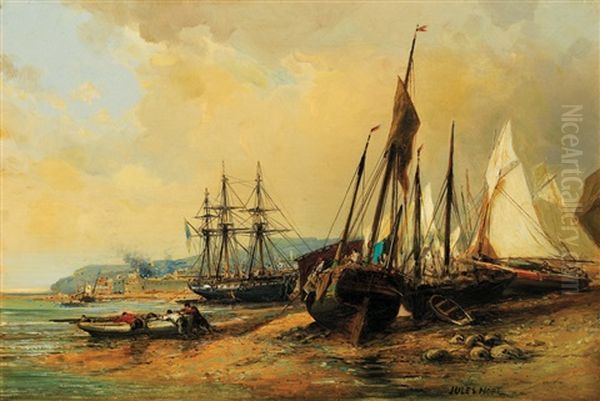 Bateaux Sur La Greve Oil Painting by Jules Achille Noel